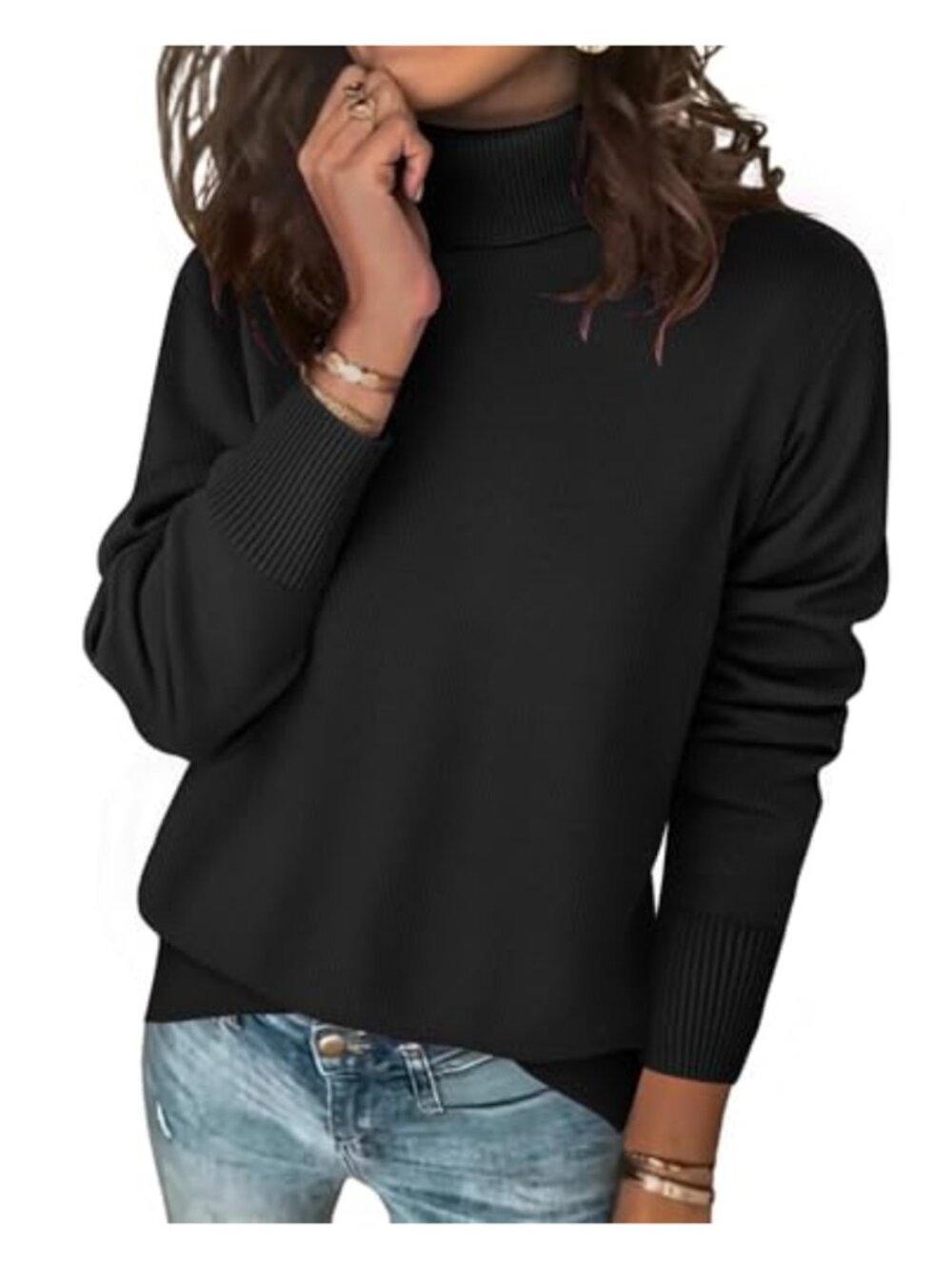 Turtleneck Sweater Long Sleeve Knit Pullover Top Asymmetric Hem